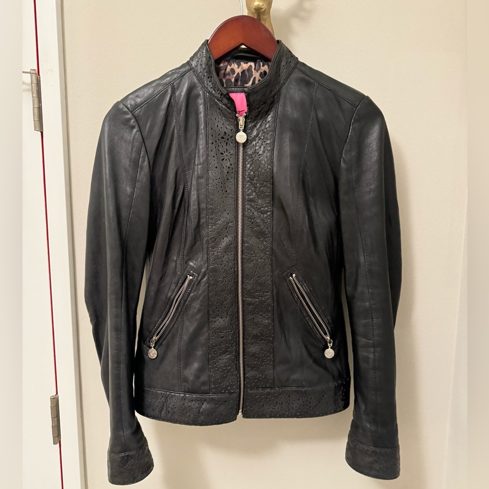 Betsey Johnson genuine leather moto jacket with leopard lining
